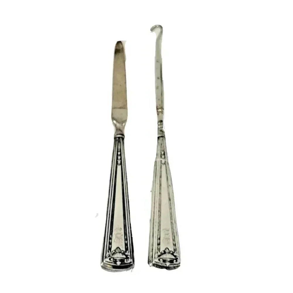 Antique Vanity Set Sterling Silver Handles Boot Hook Nail File Engraved 3 1/4"